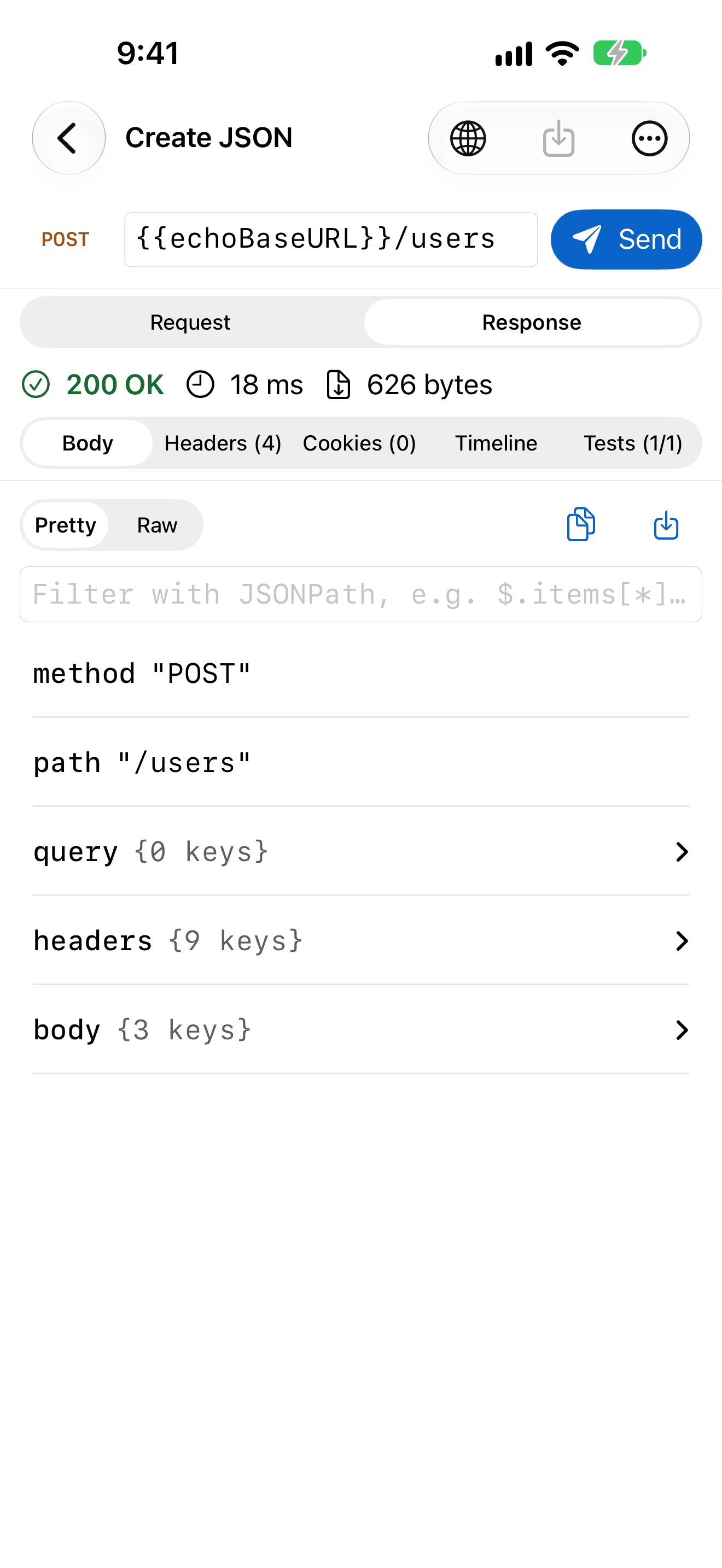 RequestPad on iPhone: a POST request to {{echoBaseURL}}/users returning 200 OK with 626 bytes, the JSON response shown as a collapsible tree.