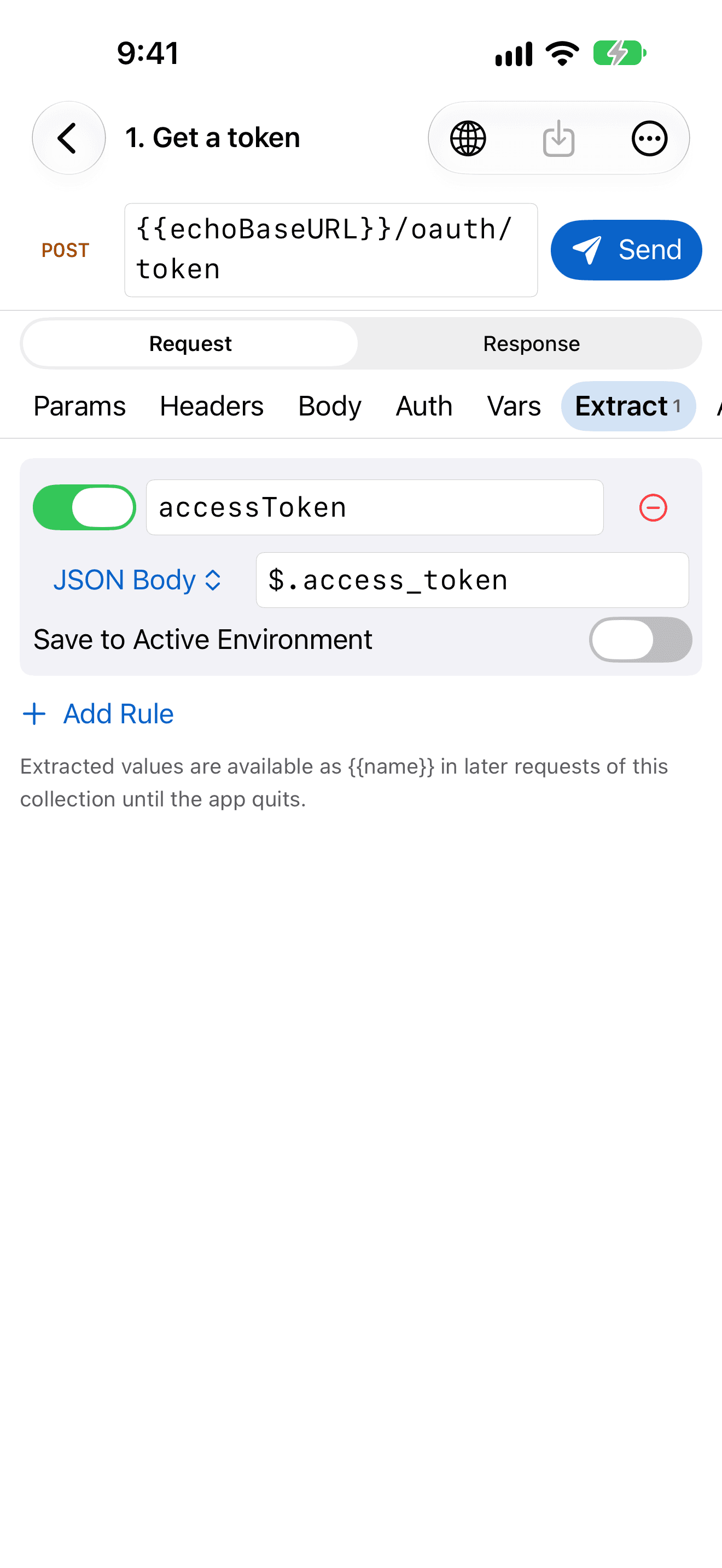 RequestPad on iPhone: an extraction rule that saves $.access_token from the response body into the accessToken variable.