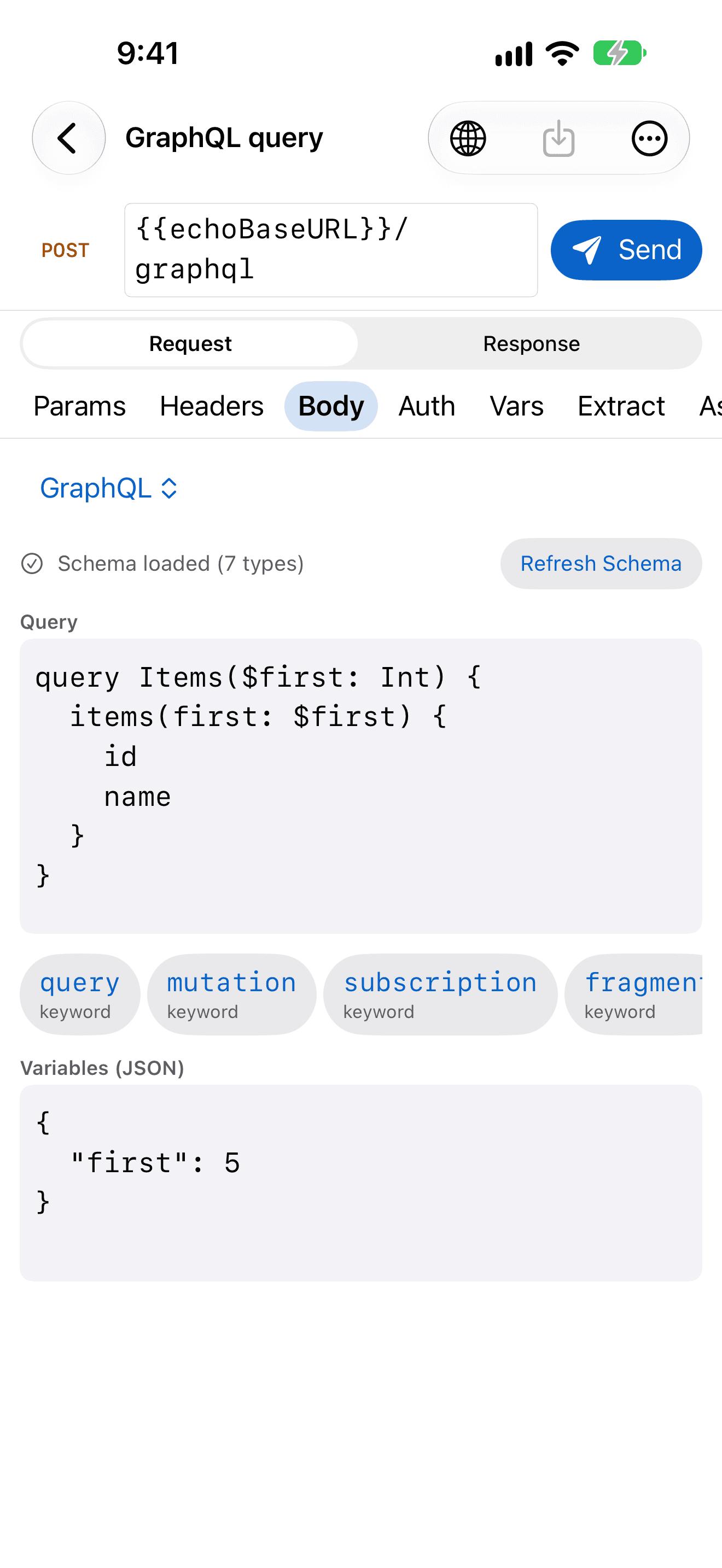 RequestPad on iPhone: a GraphQL query with variables, the schema loaded with 7 types and keyword suggestions below the editor.