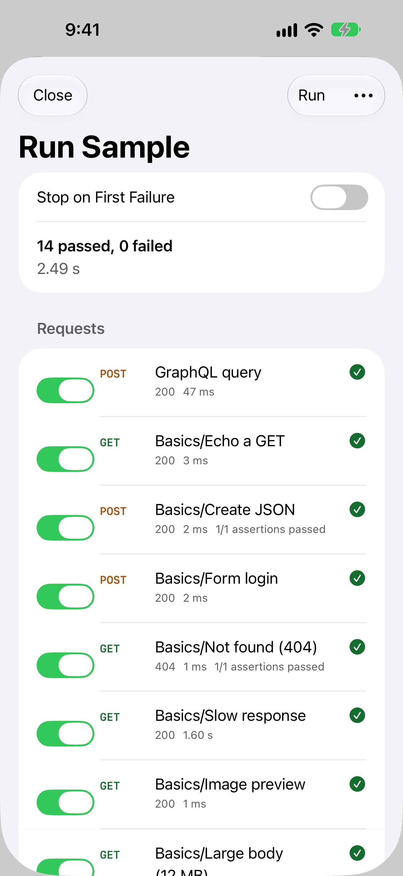 RequestPad on iPhone: the collection runner showing 14 passed and 0 failed, with each request's status code, time and assertions.